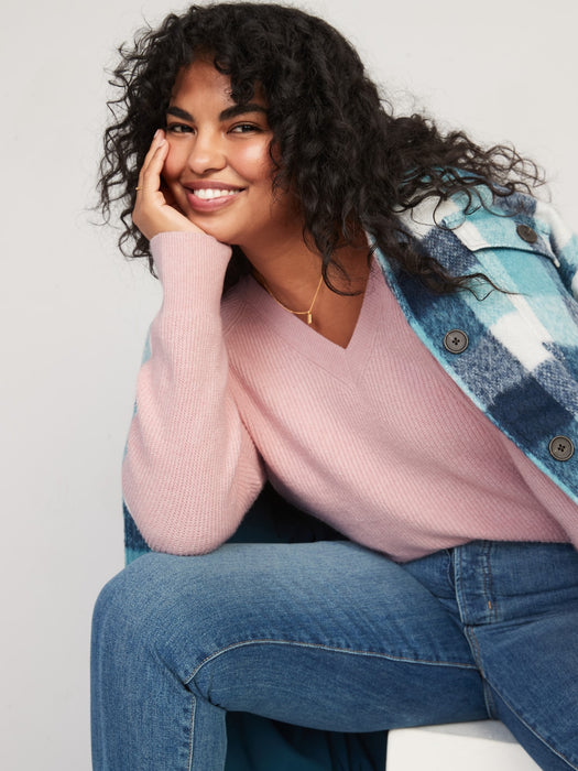 V-Neck Shaker-Stitch Cocoon Sweater for Women - Pink