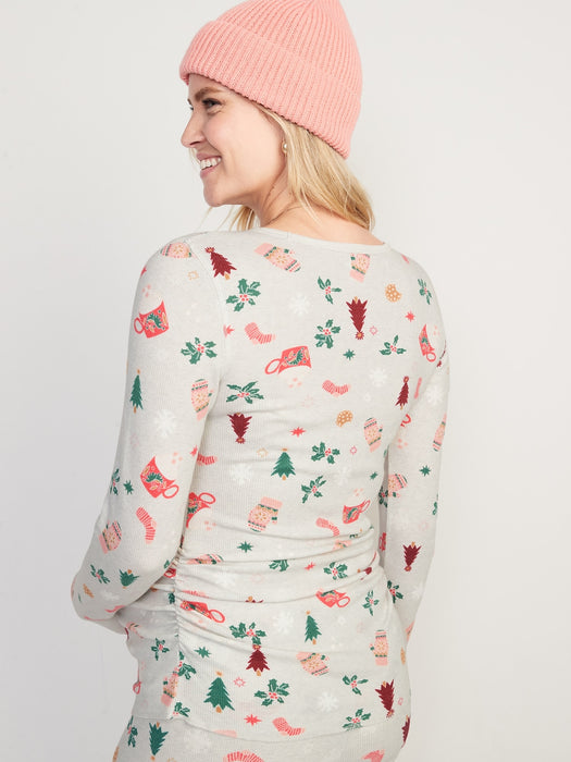 Maternity Printed Thermal-Knit Pajama Top - Blue