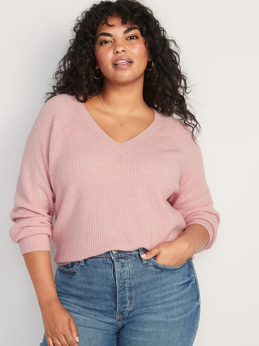 V-Neck Shaker-Stitch Cocoon Sweater for Women - Pink