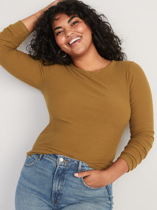 Plush Long-Sleeve Rib-Knit Slim-Fit T-Shirt for Women