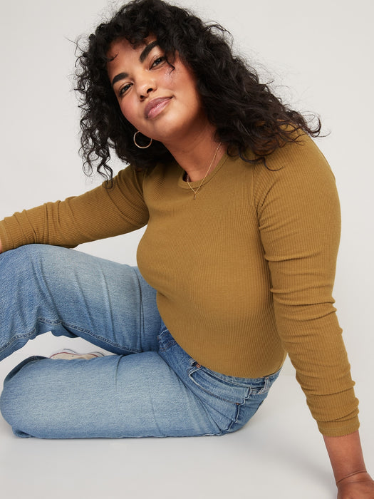Plush Long-Sleeve Rib-Knit Slim-Fit T-Shirt for Women