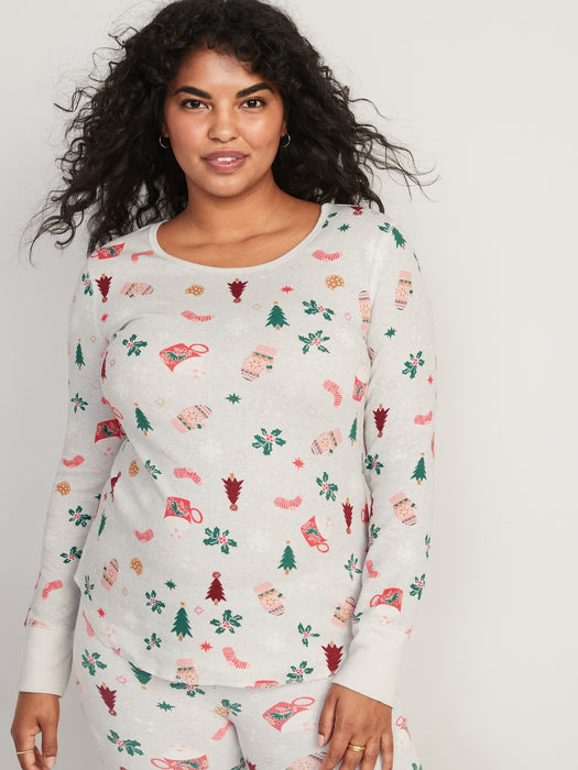 Printed Thermal-Knit Long-Sleeve Pajama Top for Women