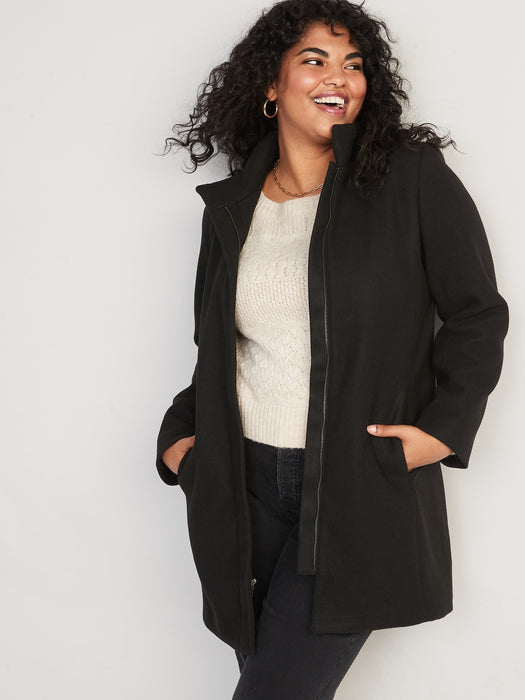 Soft-Brushed Funnel-Neck Coat for Women - Black