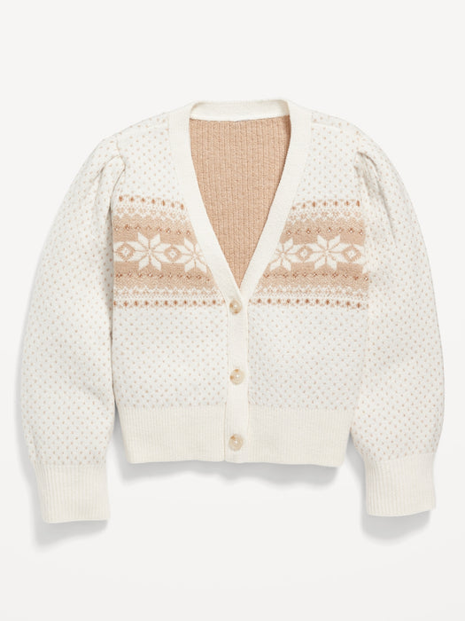 Button-Front Fair Isle Cardigan Sweater for Girls - Beige