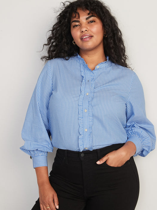 Ruffle-Trimmed Striped Collarless Tuxedo Shirt for Women