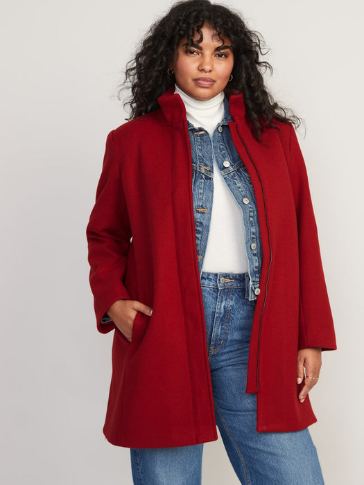 Soft-Brushed Funnel-Neck Coat for Women - Red