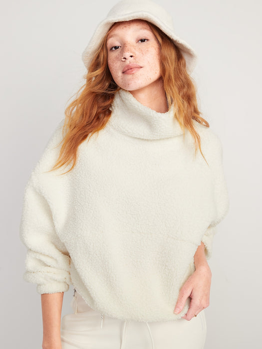 Cropped Sherpa Pullover Turtleneck Sweater for Women
