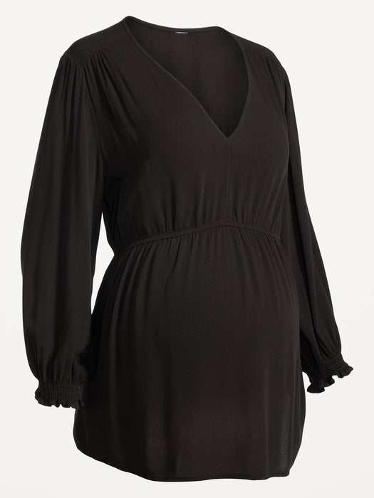 Maternity Puff-Sleeve Babydoll Blouse - Black
