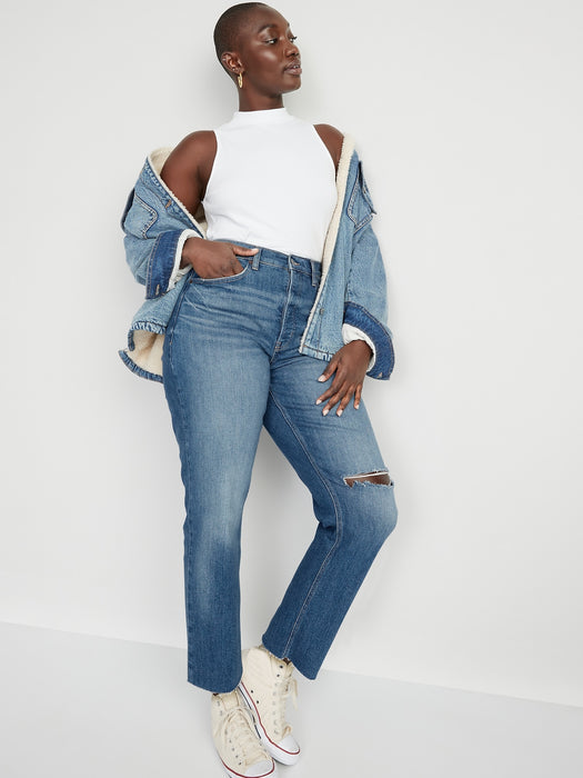 Curvy Extra High-Waisted Button-Fly Sky-Hi Straight Ripped Jeans for Women
