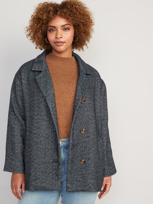 Soft-Brushed Herringbone Button-Front Car Coat for Women