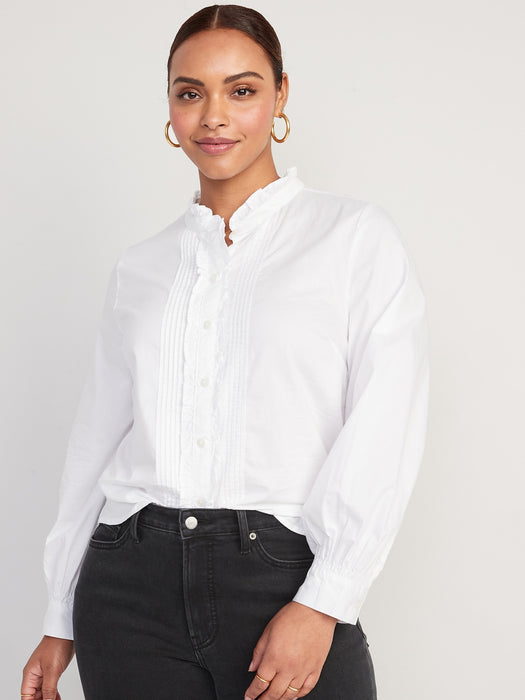 Ruffle-Trimmed Pintucked Collarless Tuxedo Shirt for Women