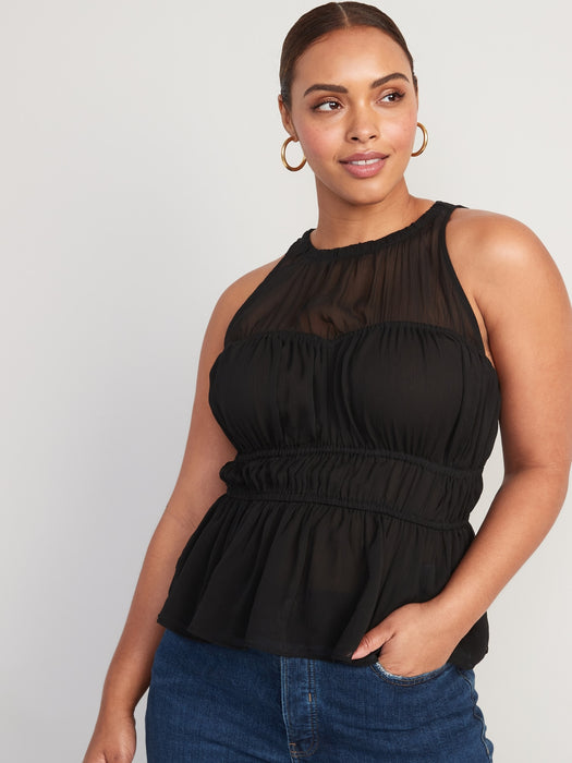 Sleeveless Shirred Crinkled Peplum Blouse for Women