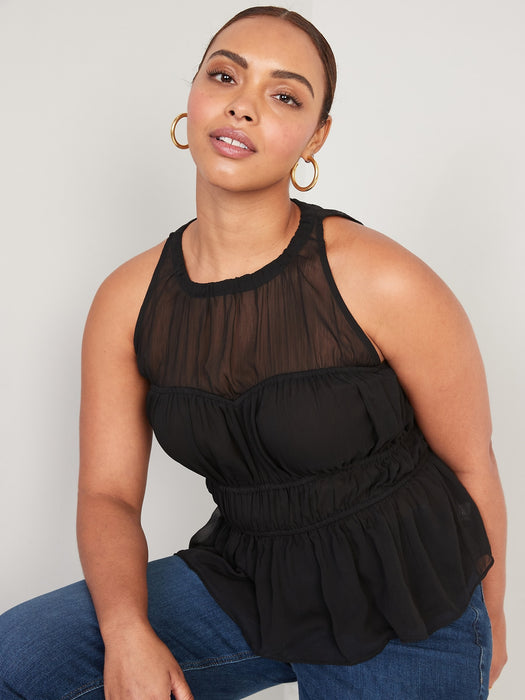 Sleeveless Shirred Crinkled Peplum Blouse for Women