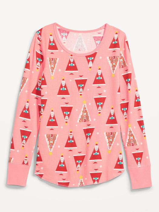 Printed Thermal-Knit Long-Sleeve Pajama Top for Women - Pink
