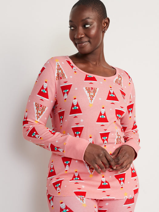 Printed Thermal-Knit Long-Sleeve Pajama Top for Women - Pink