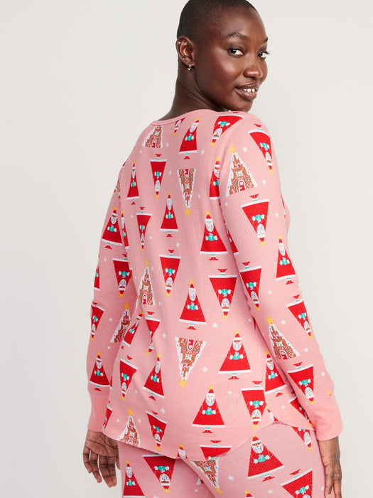 Printed Thermal-Knit Long-Sleeve Pajama Top for Women - Pink