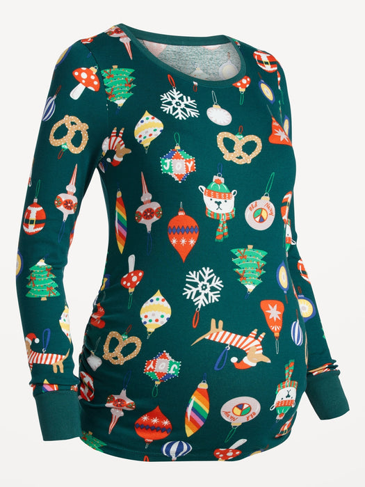 Maternity Matching Print Long-Sleeve Pajama Top - Green