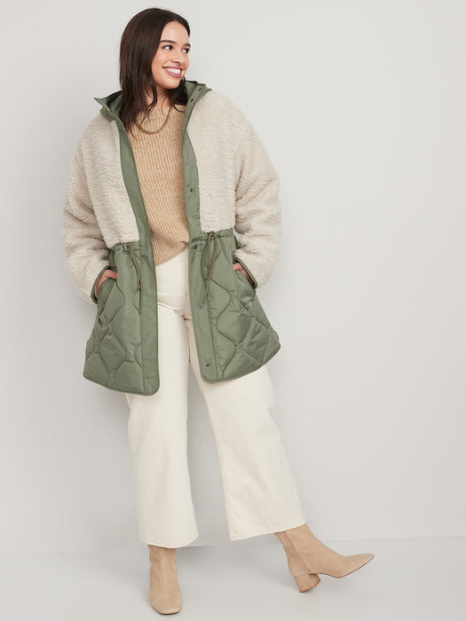 Hooded Sherpa Quilted Hybrid Coat for Women