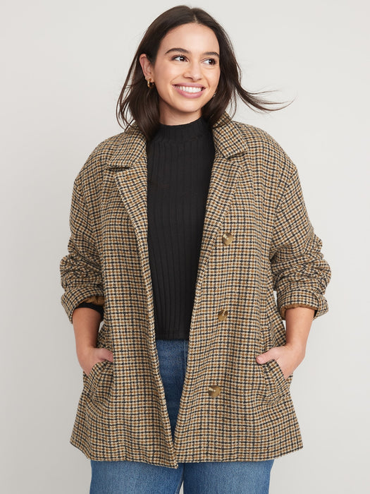 Soft-Brushed Houndstooth Plaid Button-Front Car Coat for Women