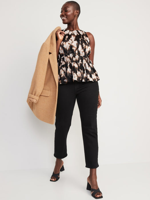 Sleeveless Shirred Crinkled Peplum Blouse for Women