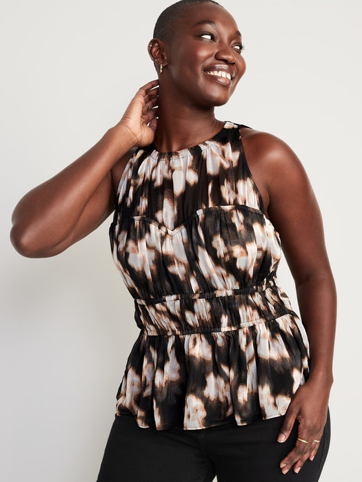 Sleeveless Shirred Crinkled Peplum Blouse for Women