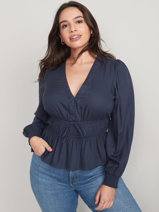 Waist-Defined Smocked Tie-Front Blouse for Women