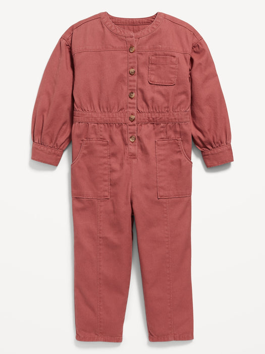 Long-Sleeve Twill Utility-Pocket One-Piece for Toddler Girls