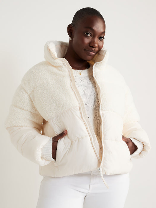 Short Sherpa-Paneled Puffer Jacket for Women - White