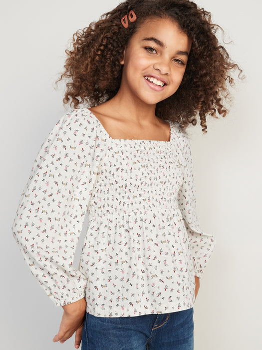 Long-Sleeve Smocked Floral-Print Cutout Bow Top for Girls - White