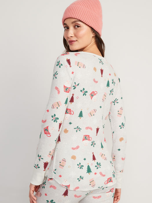 Printed Thermal-Knit Long-Sleeve Pajama Top for Women