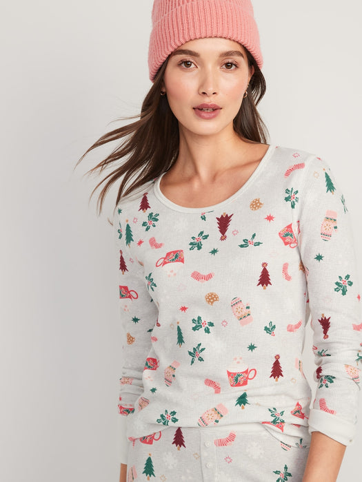Printed Thermal-Knit Long-Sleeve Pajama Top for Women