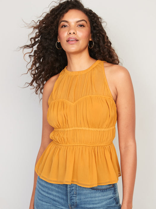 Sleeveless Shirred Crinkled Peplum Blouse for Women