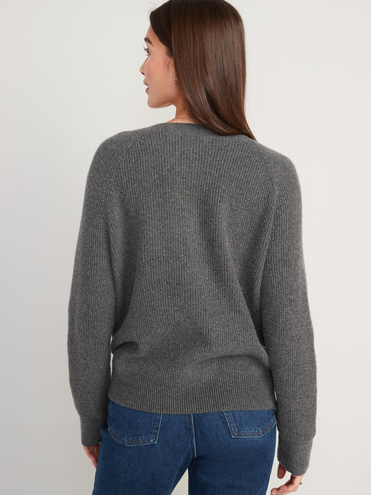 V-Neck Heathered Shaker-Stitch Cocoon Sweater for Women