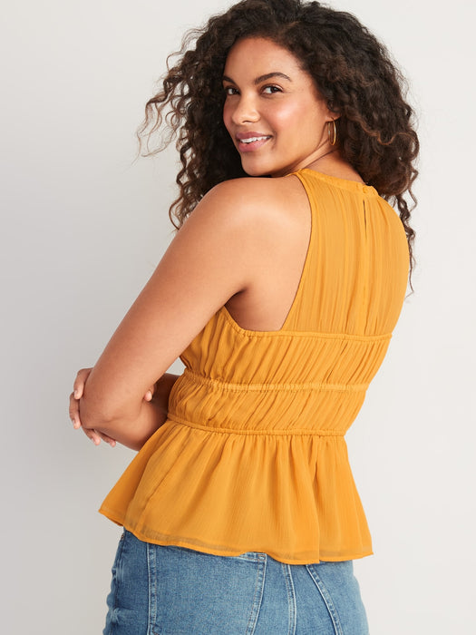 Sleeveless Shirred Crinkled Peplum Blouse for Women