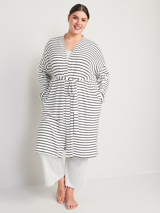 Oversized Sunday Sleep Striped Rib-Knit Robe for Women