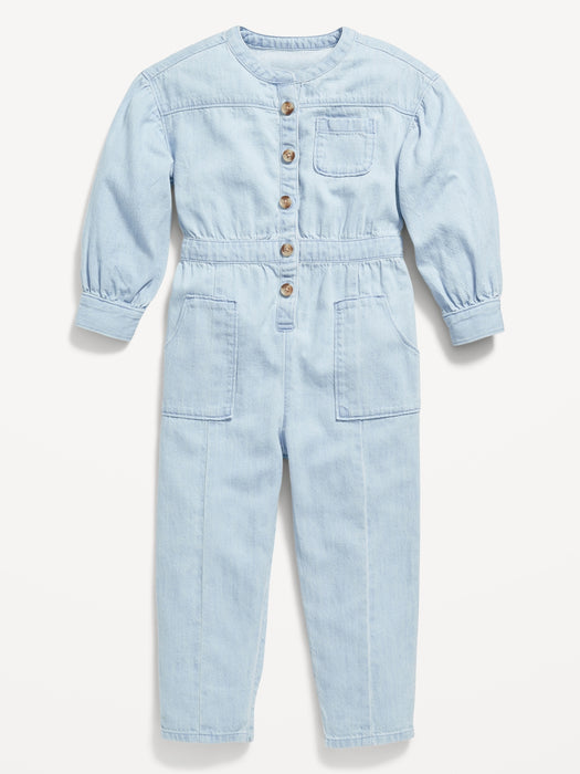 Long-Sleeve Chambray Utility-Pocket One-Piece for Toddler Girls