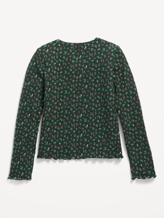 Floral-Print Long-Sleeve Rib-Knit Henley T-Shirt for Girls