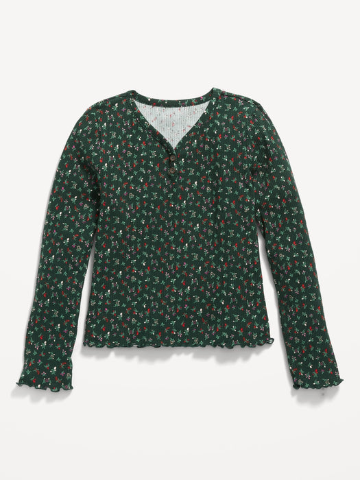Floral-Print Long-Sleeve Rib-Knit Henley T-Shirt for Girls