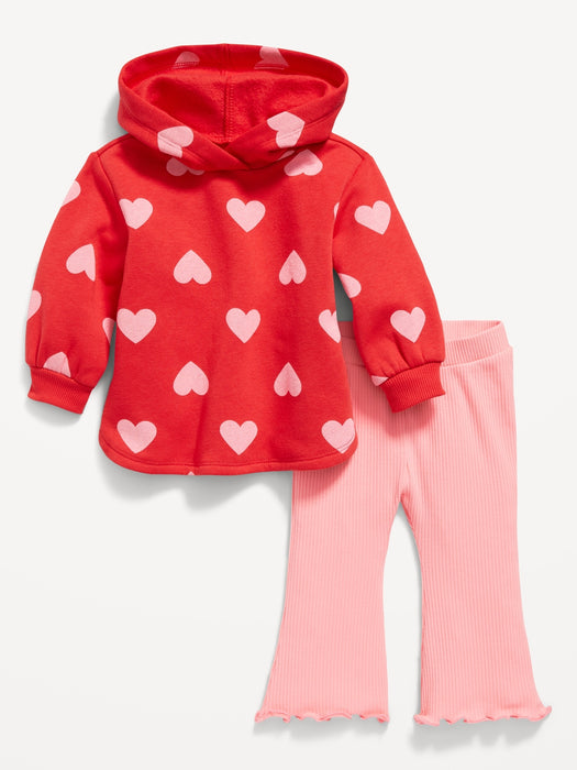 Fleece Heart-Print Tunic Hoodie & Flare Leggings Set for Baby
