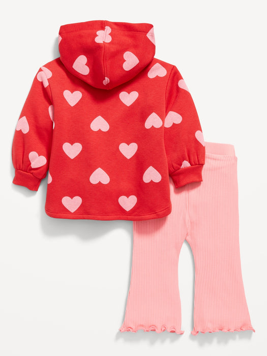 Fleece Heart-Print Tunic Hoodie & Flare Leggings Set for Baby
