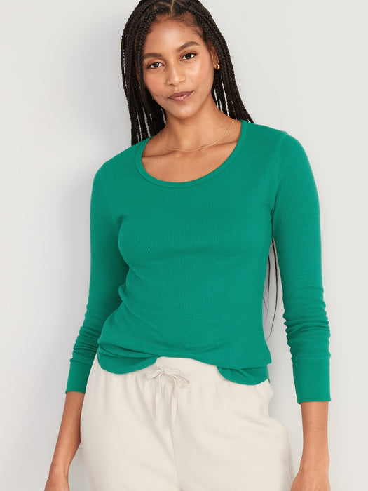 Printed Thermal-Knit Long-Sleeve Pajama Top for Women - Green