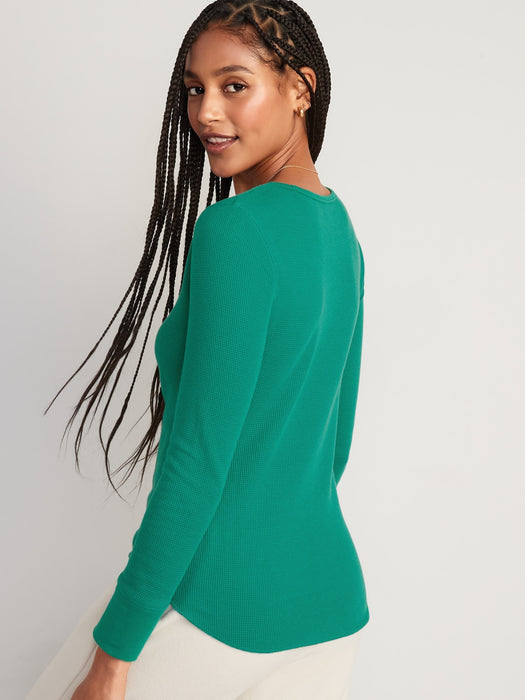 Printed Thermal-Knit Long-Sleeve Pajama Top for Women - Green