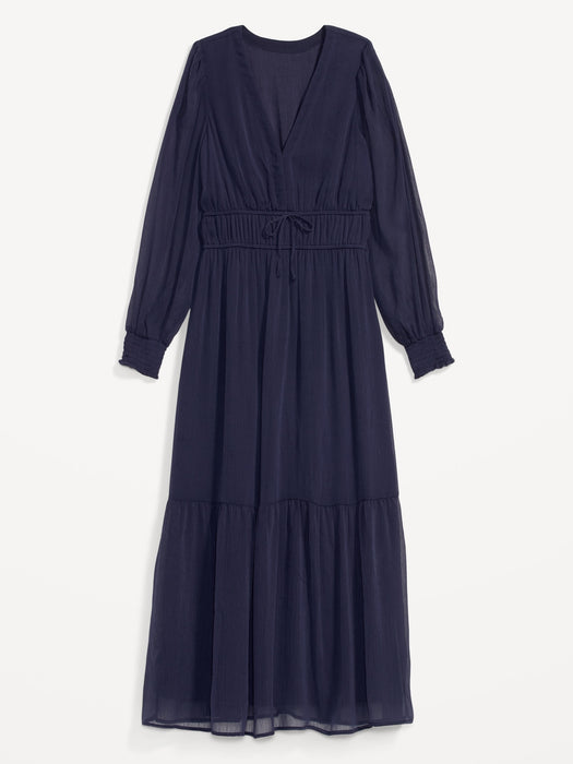 Waist-Defined Floral-Print Smocked Tie-Front Maxi Dress for Women