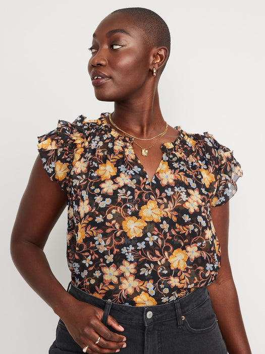 Flutter-Sleeve Printed Smocked Blouse for Women