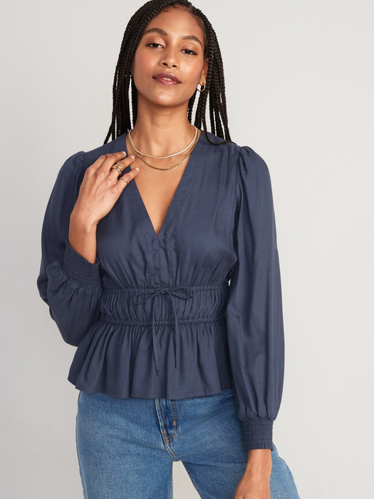 Waist-Defined Smocked Tie-Front Blouse for Women