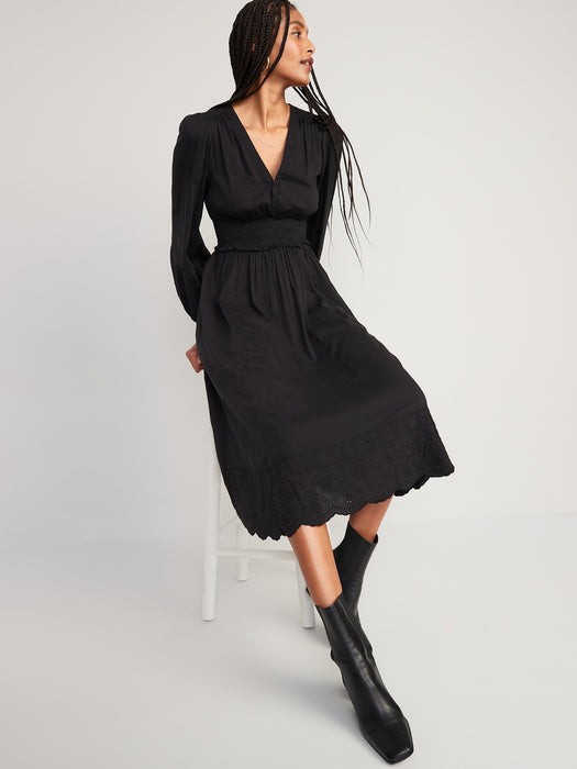 Waist-Defined Puff-Sleeve Smocked Embroidered Midi Dress for Women