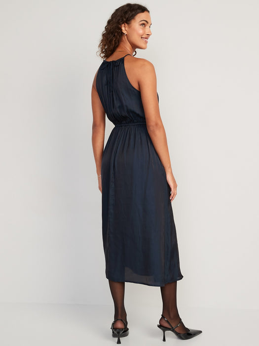 Waist-Defined Halter Satin Maxi Dress for Women