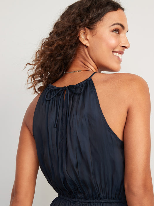 Waist-Defined Halter Satin Maxi Dress for Women