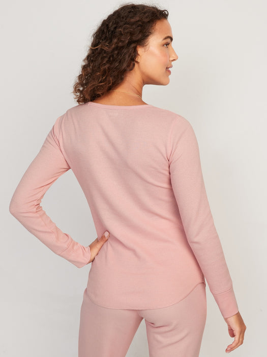 Printed Thermal-Knit Long-Sleeve Pajama Top for Women - Pink