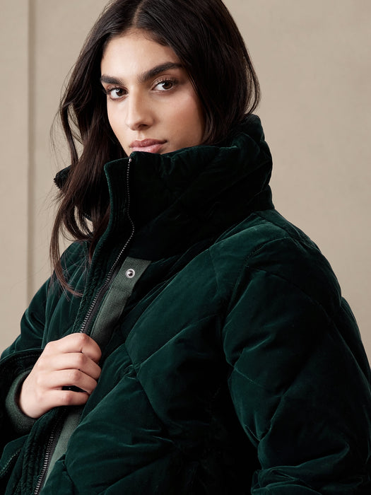 Snowdon Velvet Puffer Coat - GALACTIC GREEN